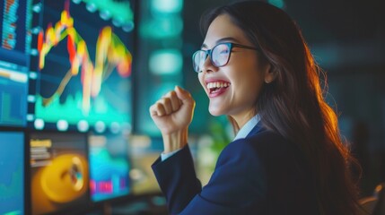 A beautiful young woman sits on a chair, screams, clenches her fists, delighted at the rapid success of an investment business. - obrazy, fototapety, plakaty