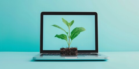 Laptop with plant seedling on keyboard on blue background