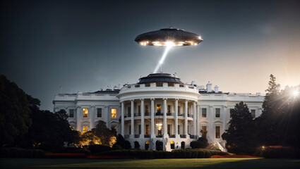 UAP, UFO Beaming a Bright Light on the Whitehouse, created with Generative AI technology