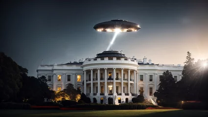 Foto op Canvas UAP, UFO Beaming a Bright Light on the Whitehouse, created with Generative AI technology © Snap2Art