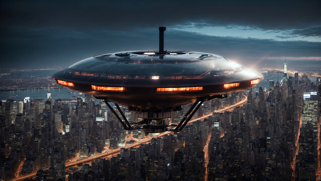 Huge UAP, UFO Hovering Over New York City, created with Generative AI technology
