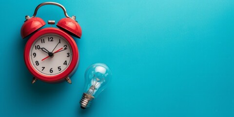 Red alarm clock with light bulb on blue background with copy space, idea and creativity concept