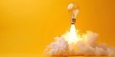 Rocket shaped light bulb on yellow background, startup ideas concept