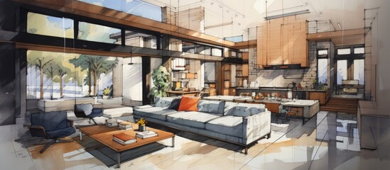 Obraz na płótnie Canvas sketches of indoor spaces, bedroom, living area, kitchen.