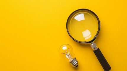 Magnifying glass and light bulb on yellow background, concept of searching for ideas - obrazy, fototapety, plakaty