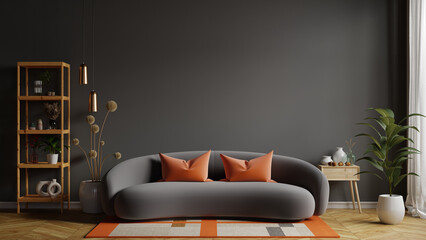 Blank empty dark room interior with black sofa and accessories decor © Vanitjan