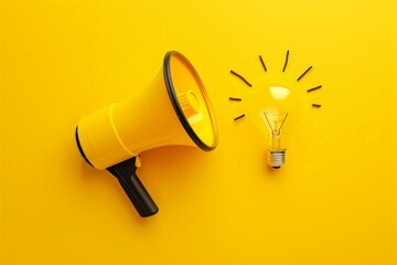 Megaphone and light bulb on yellow background, marketing ideas concept
