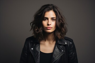 Portrait of a beautiful young brunette woman in black leather jacket