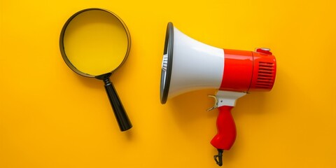 Megaphone and magnifying glass on yellow background, marketing concept - obrazy, fototapety, plakaty
