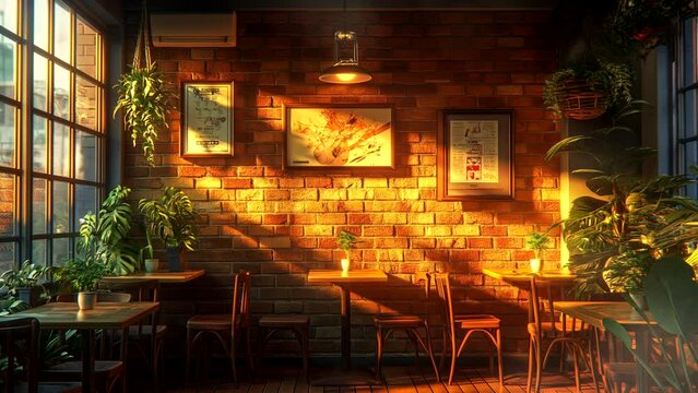 Interior cafe vibes in the morning at sunrise. seamless looping 4k time-lapse animation video background