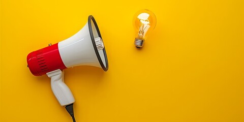 Red and white megaphone and light bulb on yellow background, marketing ideas concept