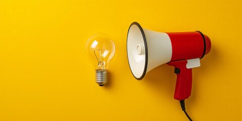 Red and white megaphone and light bulb on yellow background, marketing ideas concept