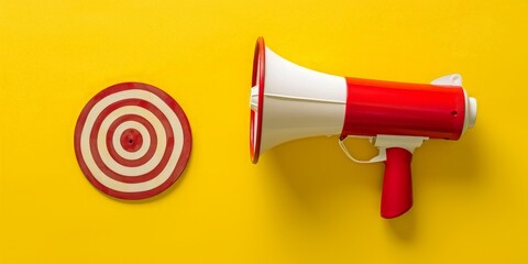 Megaphone and red round target on yellow background, marketing concept