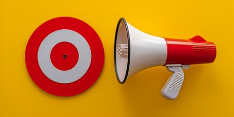 Megaphone and red round target on yellow background, marketing concept