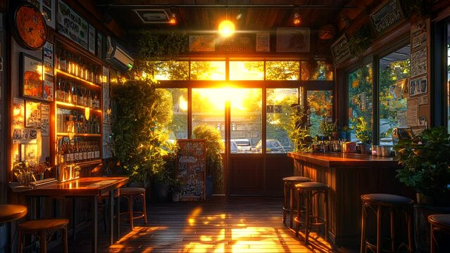 Interior cafe vibes in the morning at sunrise. seamless looping 4k time-lapse animation video background