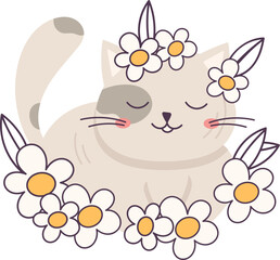 Cat Lying With Flowers