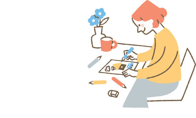 自宅でイラストを描いている女性_色