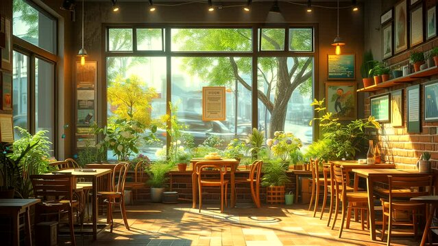Interior cafe vibes in the morning at sunrise. seamless looping 4k time-lapse animation video background