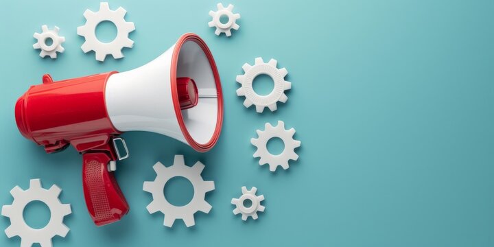 Megaphone and white gears on blue background, marketing and advertising concept