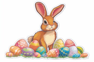 a very beautiful 2d sticker of an easter bunny and Easter egg with easter flowers and Basket with a strong black outline isolated on a plain background. easter bunny with eggs