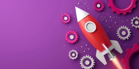 Rocket and gears on purple background, startup and teamwork concept