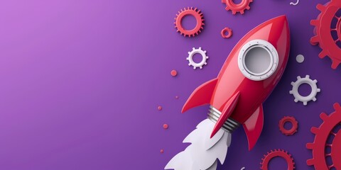 Rocket and gears on purple background, startup and teamwork concept