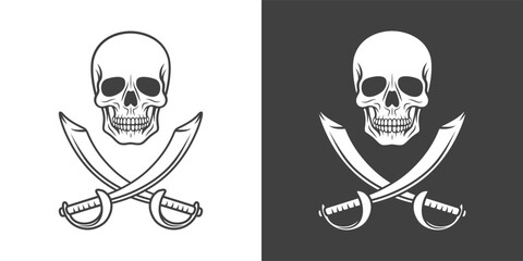 Vector Black and White Skull and Crosshairs Sabers Icon Set Closeup Isolated. Skulls Collection with Outline, Cut Out Style in Front View. Hand Drawn Skull Head Design Template