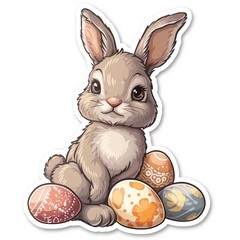 a very beautiful 2d sticker of an easter bunny and Easter egg with easter flowers and Basket with a strong black outline isolated on a plain background. easter bunny with eggs
