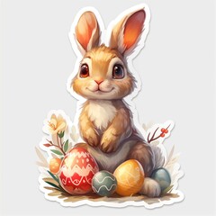 a very beautiful 2d sticker of an easter bunny and Easter egg with easter flowers and Basket with a strong black outline isolated on a plain background. easter bunny with eggs and flowers
