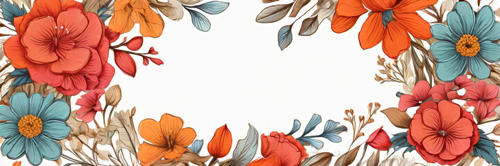 floral banner frame. Blooming flowers in red orange blue green yellow purple pink white black gray. Detailed petals stamens stems leaves. Stark white background. Fresh elegant mood