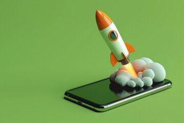 Rocket taking off from cell phone screen on green background, startup concept
