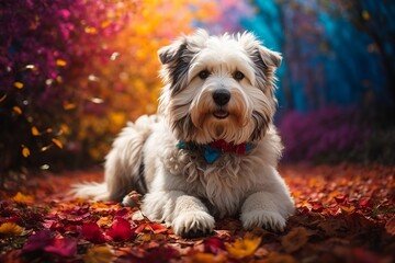 Old english sheep dog is surrounded by a vibrant and colorful background