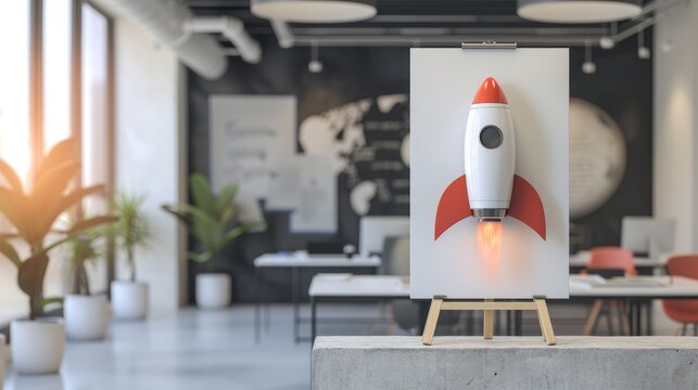 Meeting room with a rocket on the whiteboard on tripod, startup concept