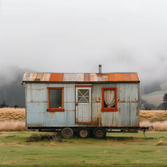 Fototapeta na wymiar Rustic Tiny House on Wheels in Misty Field
