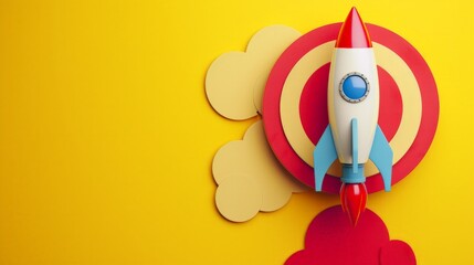 Rocket and red round target on yellow background with copy space, startup concept