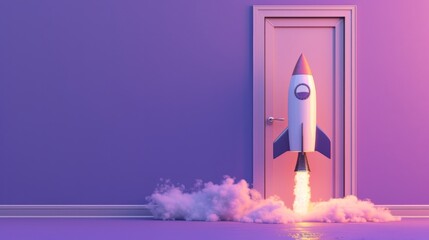 Rocket taking off near door on purple wall