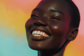 Smiling Black Model, White Teeth, Flawless Skin, Pastel Background.