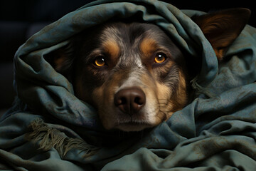 A stray dog wrapped in a teal blanket, with a sad expression, trying to stay warm. Perfect for illustrating animal abuse and shelter rescued pets.