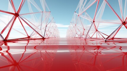 Futuristic red framework reflecting on glossy surface.