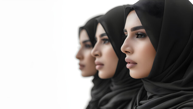 Muslim women in black traditional clothes on white background.