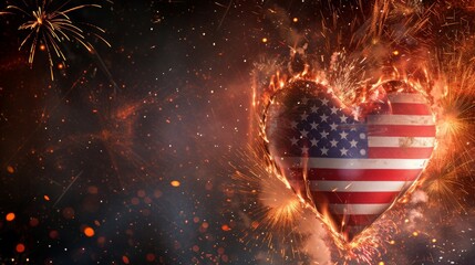 An American flag heart shaped balloon with open space and fireworks. 