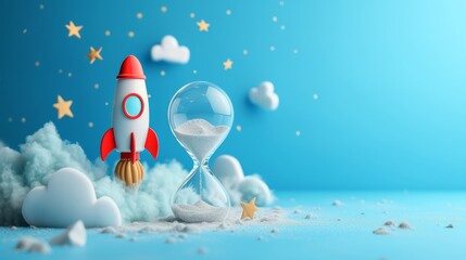 Rocket taking off and hourglass on blue background, startup concept