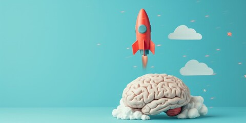 Rocket taking off near brain on blue background, business strategy concept