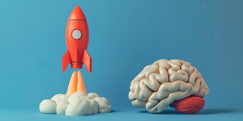 Rocket taking off near brain on blue background, business strategy concept