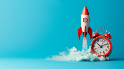 Rocket taking off and red alarm clock on blue background, startup concept