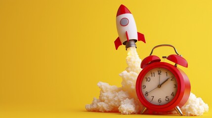Rocket taking off and red alarm clock on yellow background, startup concept - obrazy, fototapety, plakaty