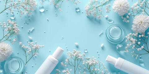 Top view cosmetic products with flowers decoration on blue background, Flat lay Minimal