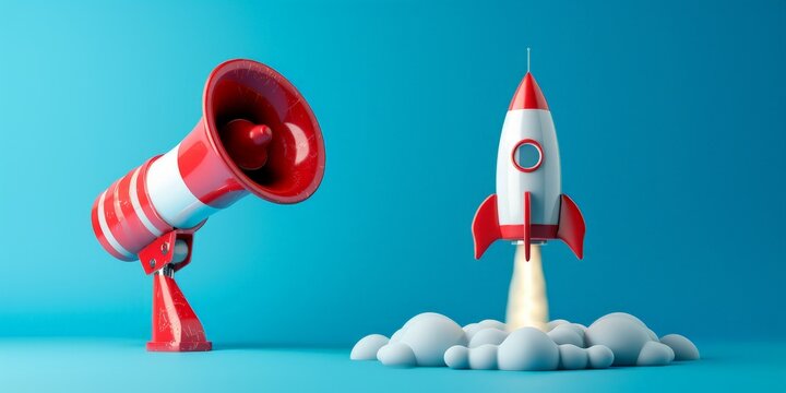 Rocket and megaphone on blue background, startup and marketing concept