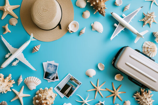 Flat lay Minimal summer travel holiday vacation concept, airplane, hat, photos, suitcase, seashell, on blue background
