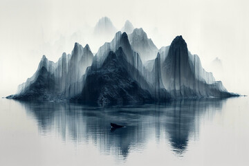 Fototapeta na wymiar Minimalism, large areas of blank space, mountain shape, material of yarn, low angle perspective, perspective aesthetics, a minimalist painting from ancient China, a small and lonely boat, transparent 